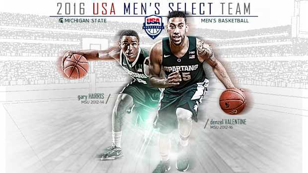 Gary Harris and Denzel Valentine.  Photo courtesy of MSU SID.